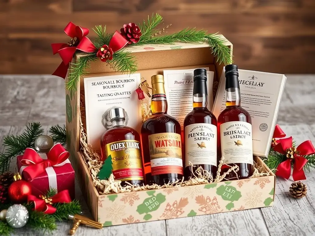 A Buwis Buddy subscription box containing limited edition bourbons, accompanied by a stylish decanter and a set of whiskey stones for the ultimate tasting experience.