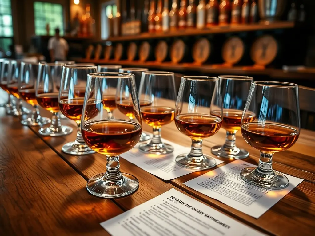 A beautifully arranged Buwis Buddy subscription box featuring three different bourbon bottles, tasting glasses, and a tasting journal, set against a rustic wooden background.